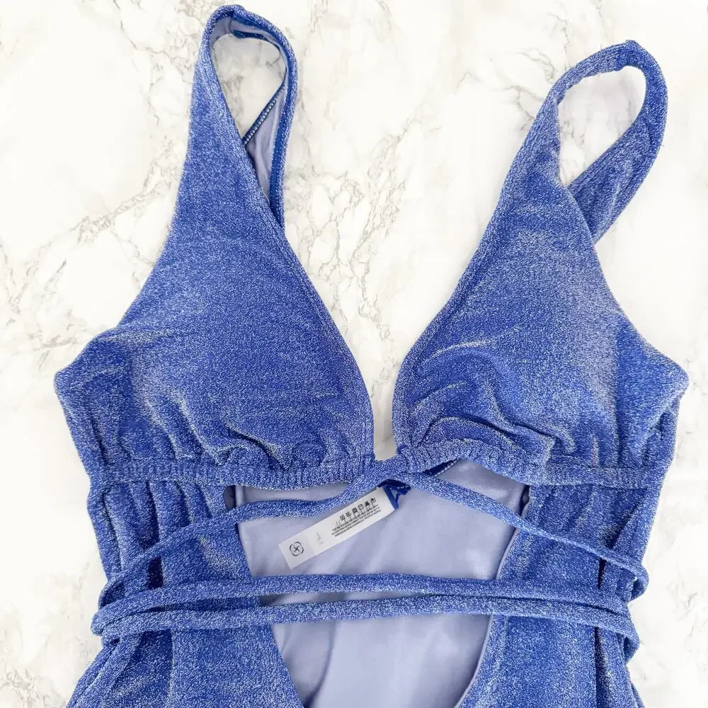 BERLOOK Metallic Lurex Cut Out Wrap One Piece Swimsuit Blue Large L